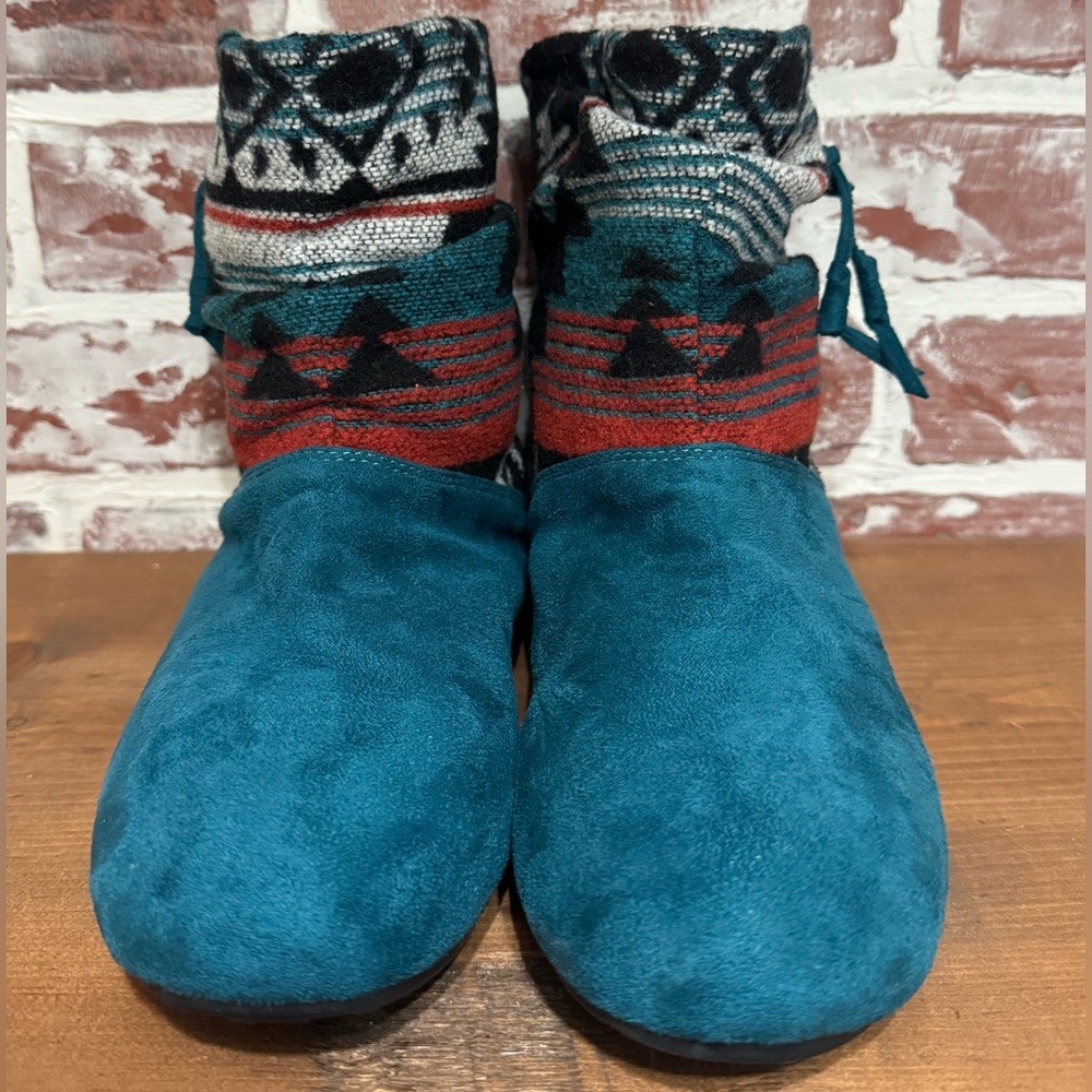 Bearpaw Amber Nova Suede Ankle Boots Wms Sz 8 Blue Aztec Pull On Sheepskin Lined - Picture 5 of 10